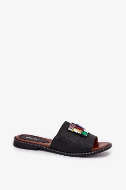 Outlet Boto Klapki Damskie Na Płaskim Obcasie Z Ozdobą Czarne Clelione Czarny