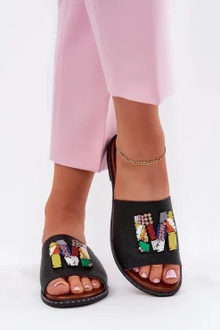 Outlet Boto Klapki Damskie Na Płaskim Obcasie Z Ozdobą Czarne Clelione Czarny