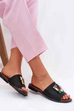 Outlet Boto Klapki Damskie Na Płaskim Obcasie Z Ozdobą Czarne Clelione Czarny