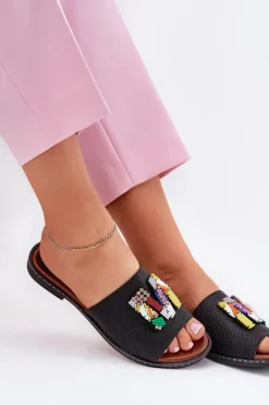 Outlet Boto Klapki Damskie Na Płaskim Obcasie Z Ozdobą Czarne Clelione Czarny