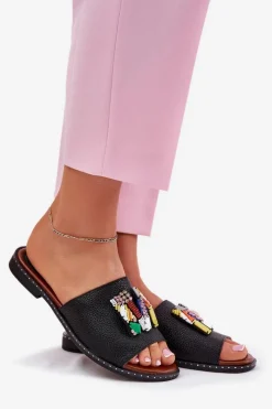 Outlet Boto Klapki Damskie Na Płaskim Obcasie Z Ozdobą Czarne Clelione Czarny