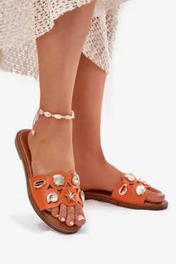 Klapki Damskie Klasyczne>Boto Klapki Damskie Na Płaskim Obcasie Ze Złotymi Przypinkami Pomarańczowe Nalothiel Pomarańczowy