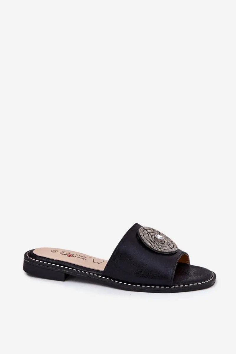 Sale Klapki Damskie Na Płaskim Obcasie Z Ozdobą S.Barski KV51-013 Czarne Damskie Klapki Damskie Klasyczne