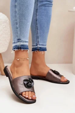 Clearance Klapki Damskie Na Płaskim Obcasie Z Ozdobnym Detalem KV51-007 Grafitowe Damskie Klapki Damskie Klasyczne