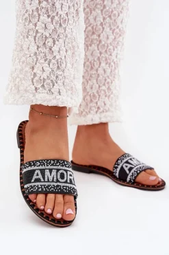 Klapki Damskie Klasyczne>Boto Klapki Damskie Na Płaskim Obcasie Ze Zdobieniem Amore Czarne Avelina Czarny