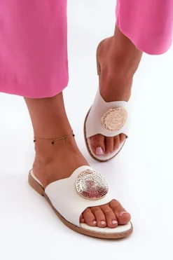 Hot Klapki Damskie Na Płaskim Obcasie Z Ozdobą Białe Rivashea Damskie Klapki Damskie Klasyczne