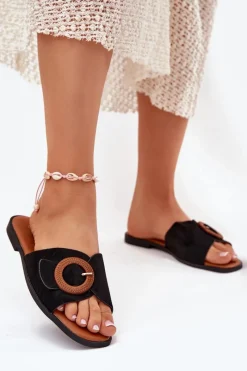 Klapki Damskie Klasyczne>Boto Klapki Damskie Na Płaskim Obcasie Z Klamrą Czarne Lanoni Czarny