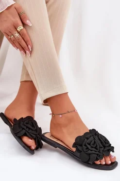 Hot Klapki Damskie Na Płaskim Obcasie Z Ozdobnymi Kwiatami Czarne Misorsse Damskie Klapki Damskie Klasyczne