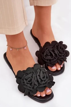 Hot Klapki Damskie Na Płaskim Obcasie Z Ozdobnymi Kwiatami Czarne Misorsse Damskie Klapki Damskie Klasyczne