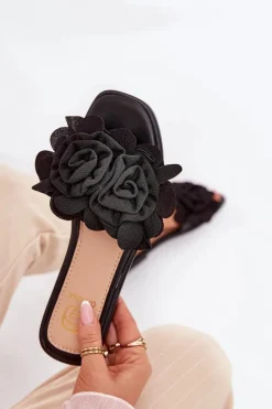 Hot Klapki Damskie Na Płaskim Obcasie Z Ozdobnymi Kwiatami Czarne Misorsse Damskie Klapki Damskie Klasyczne