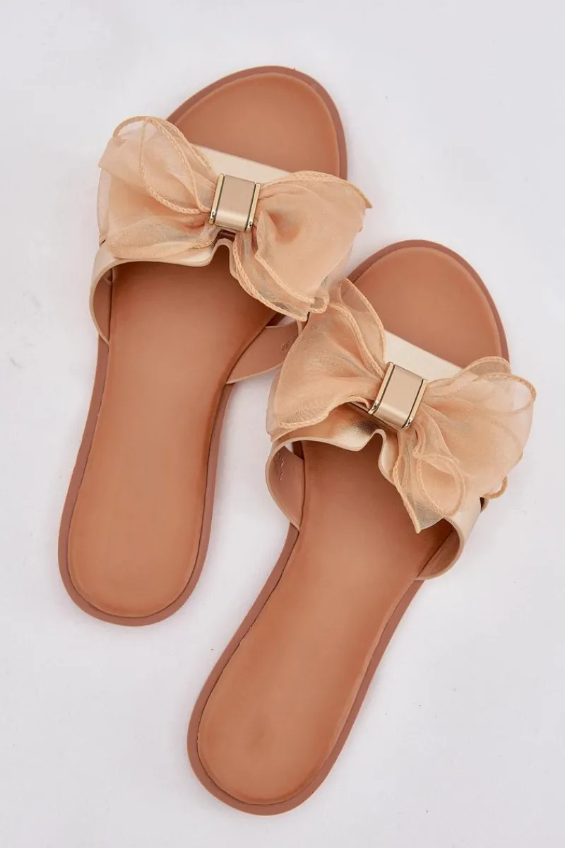 Hot Klapki Damskie Na Płaskim Obcasie Z Tiulową Kokardą Złote Tanira Damskie Klapki Damskie Klasyczne