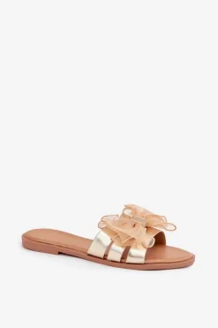 Hot Klapki Damskie Na Płaskim Obcasie Z Tiulową Kokardą Złote Tanira Damskie Klapki Damskie Klasyczne