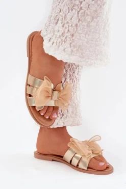 Hot Klapki Damskie Na Płaskim Obcasie Z Tiulową Kokardą Złote Tanira Damskie Klapki Damskie Klasyczne