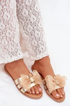 Hot Klapki Damskie Na Płaskim Obcasie Z Tiulową Kokardą Złote Tanira Damskie Klapki Damskie Klasyczne