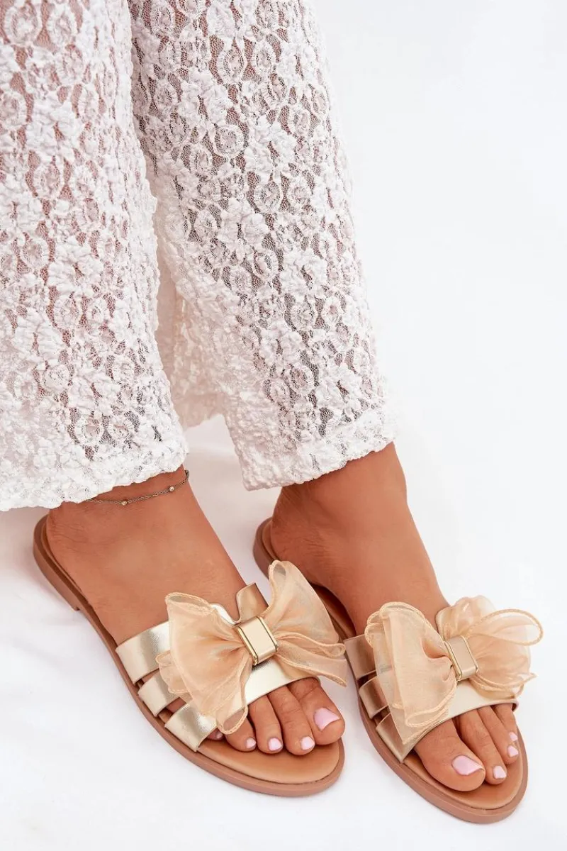 Hot Klapki Damskie Na Płaskim Obcasie Z Tiulową Kokardą Złote Tanira Damskie Klapki Damskie Klasyczne