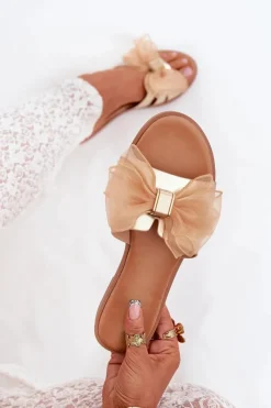 Hot Klapki Damskie Na Płaskim Obcasie Z Tiulową Kokardą Złote Tanira Damskie Klapki Damskie Klasyczne