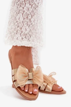 Hot Klapki Damskie Na Płaskim Obcasie Z Tiulową Kokardą Złote Tanira Damskie Klapki Damskie Klasyczne