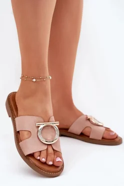 Klapki Damskie Klasyczne>Buty damskie Vinceza Klapki Damskie Na Płaskim Obcasie Z Ozdobą Vinceza 17381 Beżowe Beżowy