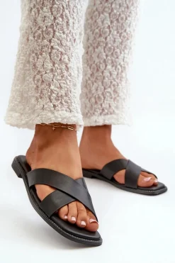 Outlet Damskie buty S.Barski Klapki Damskie Na Płaskim Obcasie Z Eko Skóry S.Barski KV27-002 Czarne Czarny