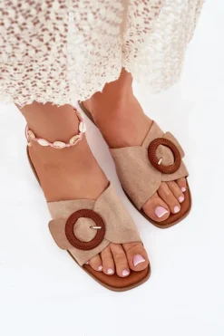 Hot Klapki Damskie Na Płaskim Obcasie Z Klamrą Beżowe Lanoni Damskie Klapki Damskie Klasyczne