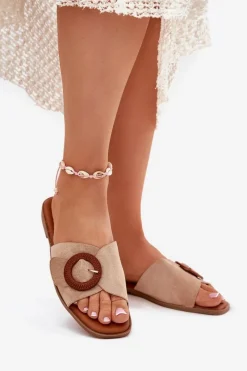 Hot Klapki Damskie Na Płaskim Obcasie Z Klamrą Beżowe Lanoni Damskie Klapki Damskie Klasyczne