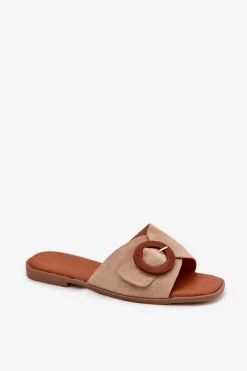 Hot Klapki Damskie Na Płaskim Obcasie Z Klamrą Beżowe Lanoni Damskie Klapki Damskie Klasyczne