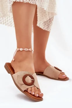 Hot Klapki Damskie Na Płaskim Obcasie Z Klamrą Beżowe Lanoni Damskie Klapki Damskie Klasyczne