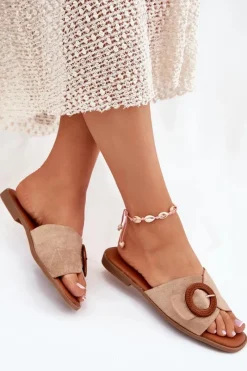 Hot Klapki Damskie Na Płaskim Obcasie Z Klamrą Beżowe Lanoni Damskie Klapki Damskie Klasyczne