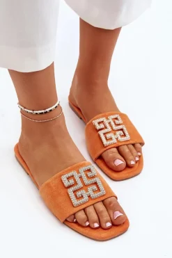 Online Klapki Damskie Na Płaskim Obcasie Z Ozdobą Pomarańczowe Inaile Damskie Klapki Damskie Klasyczne