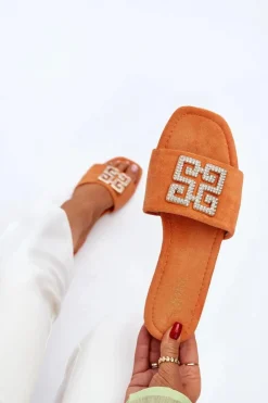 Online Klapki Damskie Na Płaskim Obcasie Z Ozdobą Pomarańczowe Inaile Damskie Klapki Damskie Klasyczne