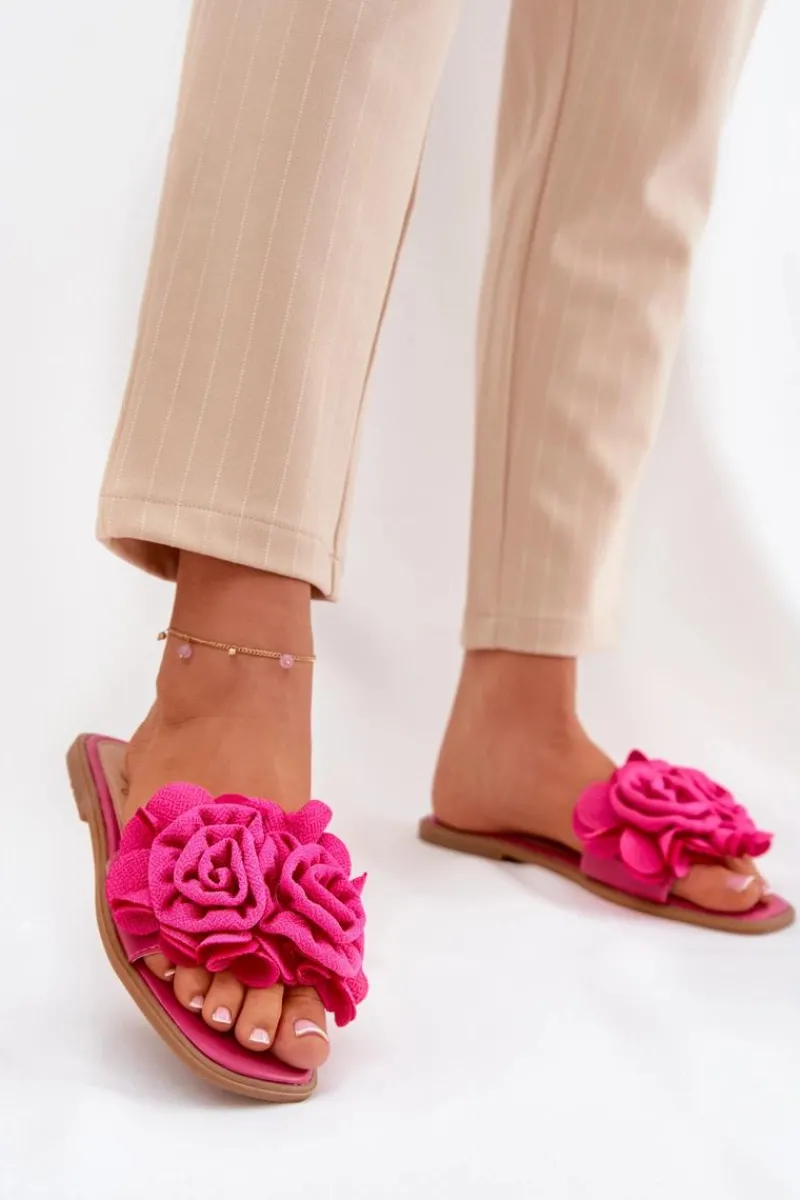 Sale Klapki Damskie Na Płaskim Obcasie Z Ozdobnymi Kwiatami Fuksja Misorsse Damskie Klapki Damskie Klasyczne