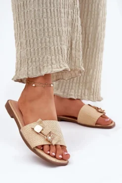 Discount Klapki Damskie Na Płaskim Obcasie Z Kokardą Beżowe Sallariela Damskie Klapki Damskie Klasyczne