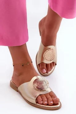 Outlet Klapki Damskie Na Płaskim Obcasie Z Ozdobą Złote Rivashea Damskie Klapki Damskie Klasyczne