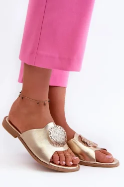 Outlet Klapki Damskie Na Płaskim Obcasie Z Ozdobą Złote Rivashea Damskie Klapki Damskie Klasyczne