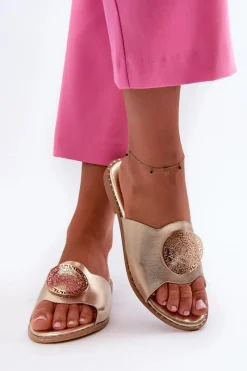 Outlet Klapki Damskie Na Płaskim Obcasie Z Ozdobą Złote Rivashea Damskie Klapki Damskie Klasyczne