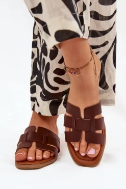 Boto Klapki Damskie Na Płaskim Obcasie Ciemnobrązowe Mirona