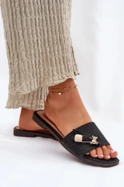 Boto Klapki Damskie Na Płaskim Obcasie Z Kokardą Czarne Sallariela Czarny