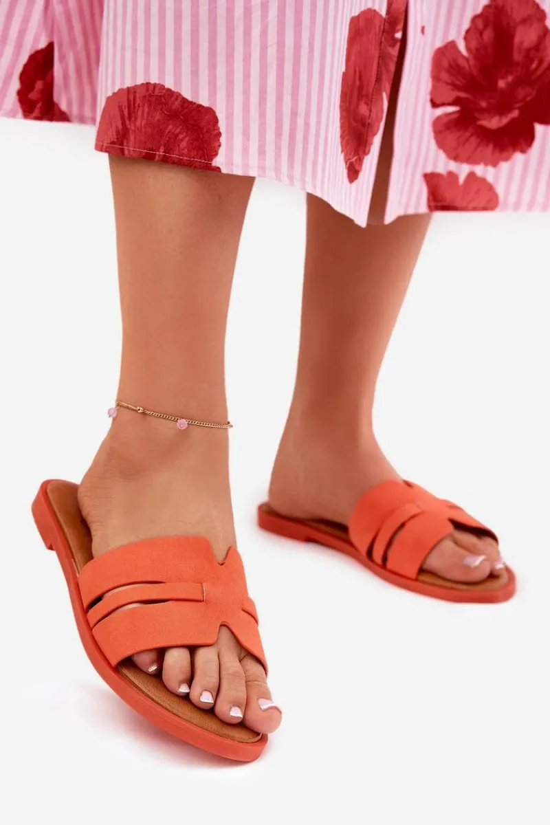 Boto Klapki Damskie Na Płaskim Obcasie Z Wycięciami Eko Zamszowe Pomarańczowe Teterre Pomarańczowy