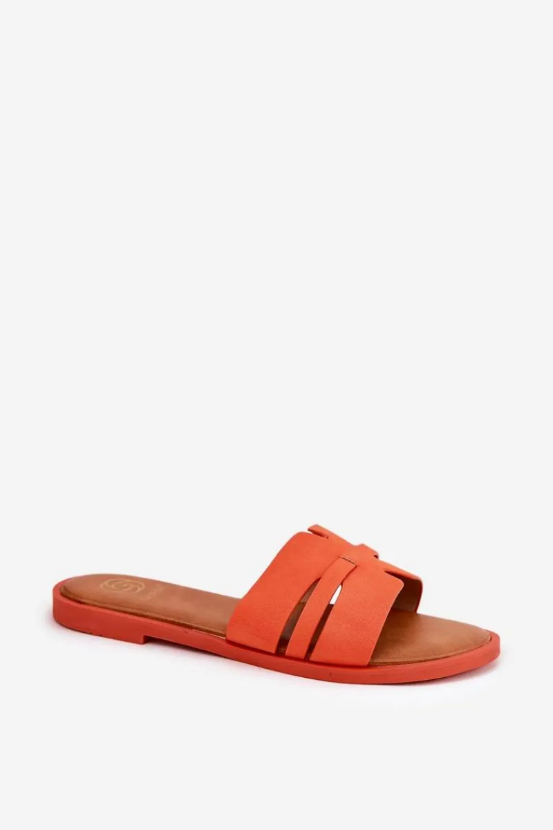 Boto Klapki Damskie Na Płaskim Obcasie Z Wycięciami Eko Zamszowe Pomarańczowe Teterre Pomarańczowy
