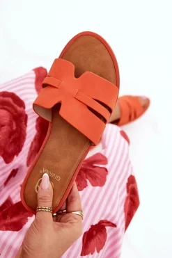 Boto Klapki Damskie Na Płaskim Obcasie Z Wycięciami Eko Zamszowe Pomarańczowe Teterre Pomarańczowy