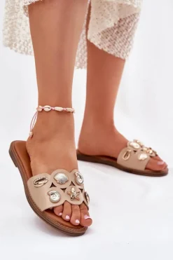 Online Boto Klapki Damskie Na Płaskim Obcasie Ze Złotymi Przypinkami Beżowe Nalothiel Beżowy