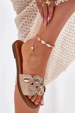 Online Boto Klapki Damskie Na Płaskim Obcasie Ze Złotymi Przypinkami Beżowe Nalothiel Beżowy