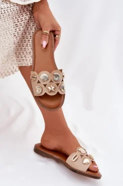 Online Boto Klapki Damskie Na Płaskim Obcasie Ze Złotymi Przypinkami Beżowe Nalothiel Beżowy