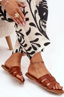 Klapki Damskie Klasyczne>Boto Klapki Damskie Na Płaskim Obcasie Camel Mirona Brązowy