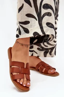 Klapki Damskie Klasyczne>Boto Klapki Damskie Na Płaskim Obcasie Camel Mirona Brązowy