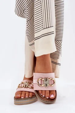 Discount Klapki Damskie Na Platformie Z Brokatem I Złotą Ozdobą Różowe Rilirea Damskie Klapki Korkowe|Klapki Na Platformie