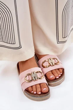 Discount Klapki Damskie Na Platformie Z Brokatem I Złotą Ozdobą Różowe Rilirea Damskie Klapki Korkowe|Klapki Na Platformie