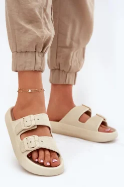 Hot Boto Klapki Damskie Na Platformie Z Klamrami Beżowe Nitiana