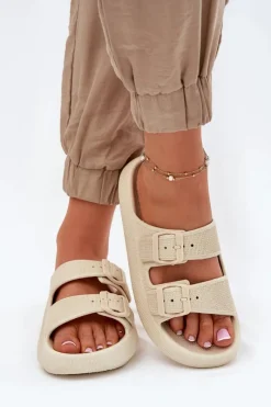 Hot Boto Klapki Damskie Na Platformie Z Klamrami Beżowe Nitiana