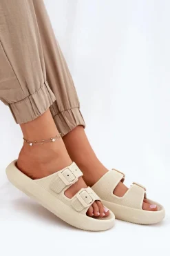 Hot Boto Klapki Damskie Na Platformie Z Klamrami Beżowe Nitiana